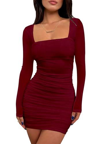 BORIFLORS Women's Sexy Ruched Bodycon Mini Dress Mesh Long Sleeve Club Party Short Dresses, Medium, Red, M