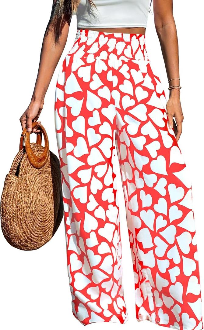LOTUCY Women's Casual Pants Elastic High Waist Drawstring Graphic Print Palazzo Wide Leg Loose Pants