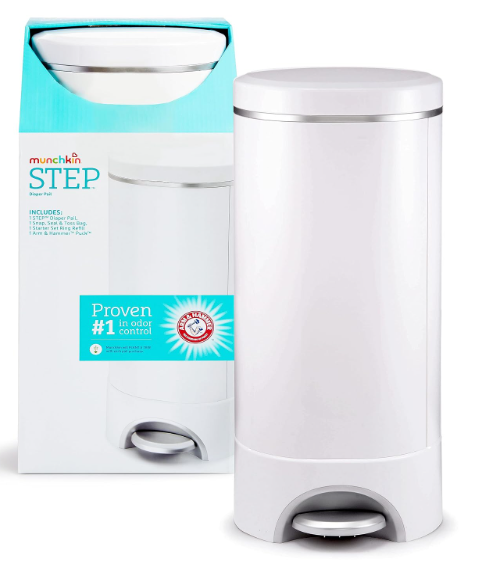 Munchkin STEP Diaper Pail Powered by Arm & Hammer, #1 in Odor Control, Award-Winning, Includes 1 Snap, Seal & Toss Bag, 1 Starter Refill Ring, and 1 PUCK Baking Soda Cartridge
