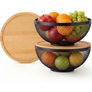 Yiyiring 2 Pack Mesh Fruit Basket with Lids, Stackable Baskets with Bamboo Lid Fruits Holder for Kitchen Countertop Fruit Bowl with Lid Versatile Produce Storage(Black,9.84 x 4.33 Inches)