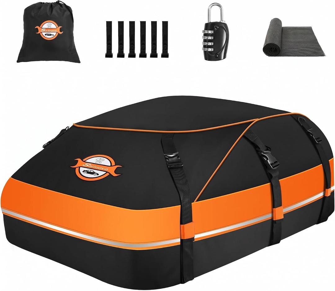 Sailnovo Aerodynamic Rooftop Cargo Carrier Bag, 20 Cubic Feet Waterproof Car Top Carrier for All Vehicles with/Without Racks, Holds Luggage for 4-6, Includes Anti-Slip Mat, Storage Bag, Luggage Lock