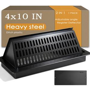 4x10 Floor Register and Vent Deflector Combo, Solid Steel 2-in-1 Vent Cover, Tool-Free Drop-in Fit, Adjustable for Draft-Free Comfort, Matte Black