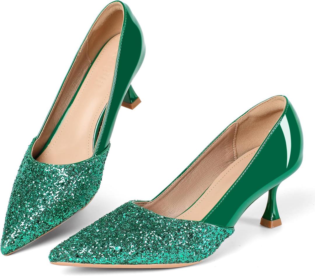 Women's Kitten High Heels 2 Inch Sequin Pointed Toe Leather Pumps Comfortable Slip On Wedding Party Dress Stilettos Shoes (9, Green)