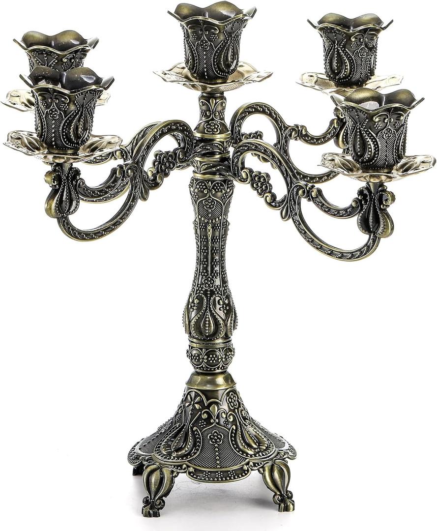 Peohud 5-Candle Metal Candelabra, 10 Inch Tall 5 Arms Candle Holder Stick for Taper Candles, Vintage Candelabra Candle Stand for Home Decor, Event, Wedding, Party