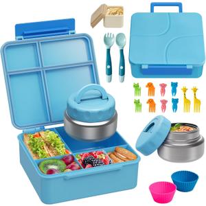 Bento Lunch Box with 9.5 oz Soup Thermo, Kids Leakproof 4 Compartments Bento Box with Silicone Cupcake,Fruit Fork,Spoon and Sauce Cup,Insulated Food Jar for School Travel-Blue