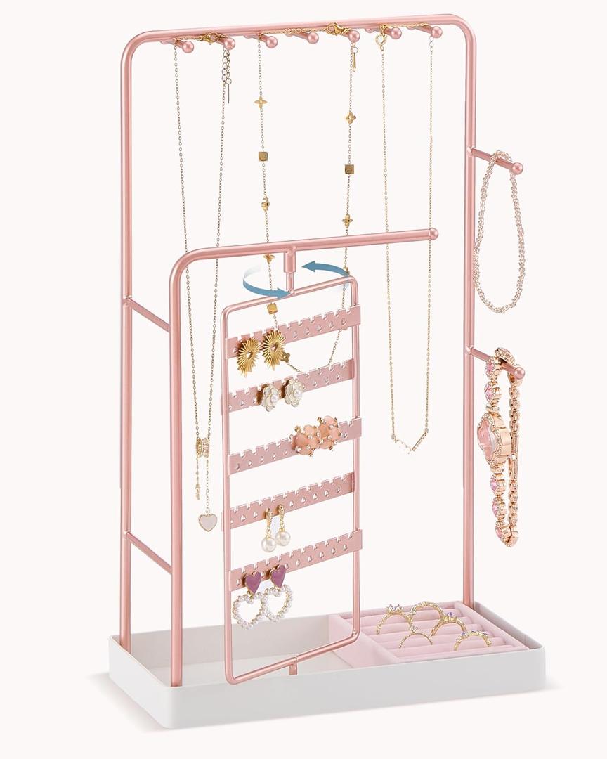 Lolalet Jewelry Organizer Stand, No Assembly Needed Display Storage with Rotating Earring Holder for Necklace Bracelet Rings, Galentines Valentines Gifts Room Dorm Decor for Women Girls -Rosegold