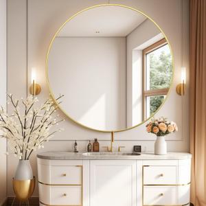 39 Inch Large Round Mirror, Gold Metal Frame Modern Oversized Circle Mirror - Wall Vanity Mirror for Decorative, Bathroom Mirrors for Over Sink, Entryway, Living Room, Washrooms and Bedroom
