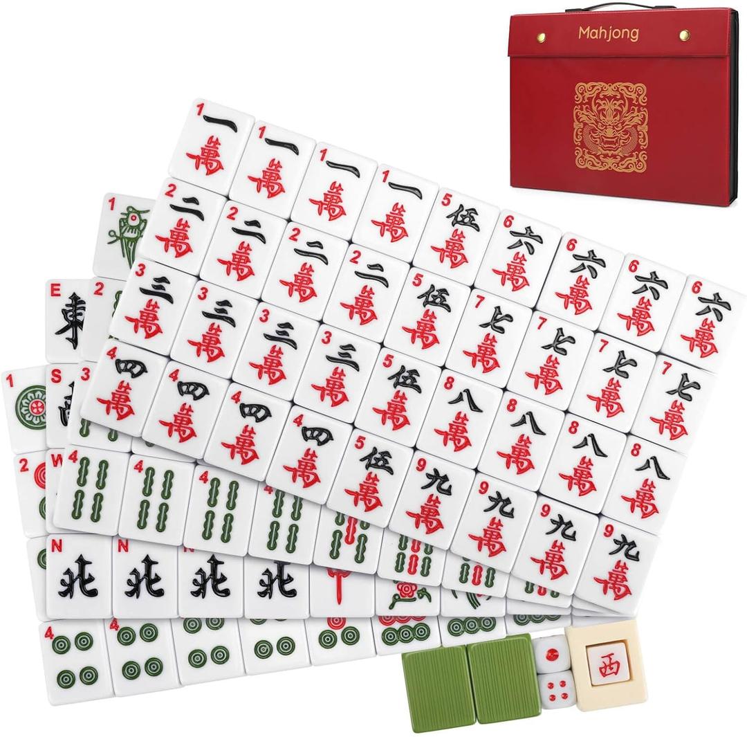 Mahjong Tile Set, 146pcs Chinese Mahjong Set Quality Mah Jong Tiles with Exquisite Storage Box Easy to Carry, Instructions Include Mah Jongg Sets for Family & Friends Gatherings (1.41*1.1*0.71 inch)
