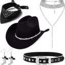 MEDOJO Cowboy Costume Outfit for Women Glitter Choker Necklace Cowboy Hat Buckle Belt Accessories Set for Halloween Cosplay Party