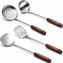 4-Piece Stainless Steel Wok Utensil Set, Anti-Scald Wooden Handle Wok Spatula & Ladle for Carbon Steel Woks