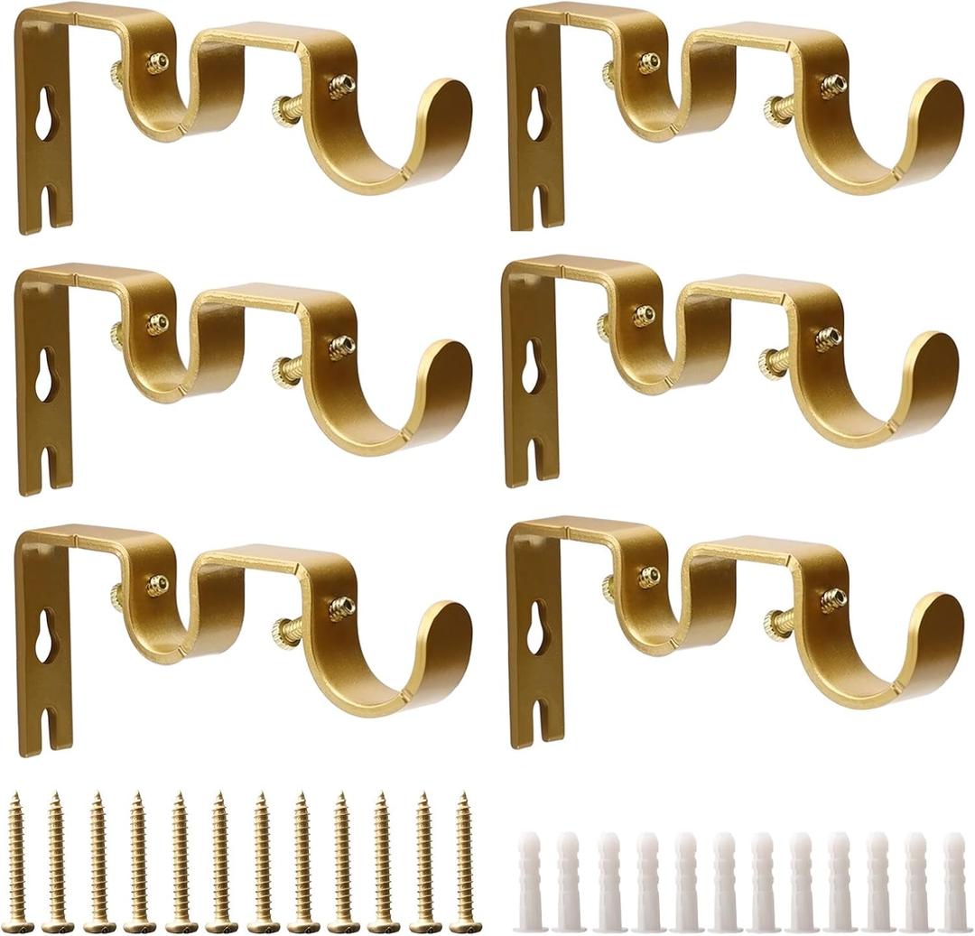 Double Curtain Rod Bracket 6 Pack Metal Curtain Rod Holders for Wall Sturdy Curtain Bracket for 1 Inch Curtain Rod Gold Wall Mounted Curtain Rod Hooks for Bedroom Living Room Patio