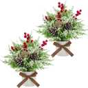 2Pcs Snowy Mini Christmas Tree, Flocked Small Tabletop Christmas Tree with Red Berries Pine Cones Artificial Potted Mini Xmas Tree for Home Table Holiday Christmas Ornaments Decorations