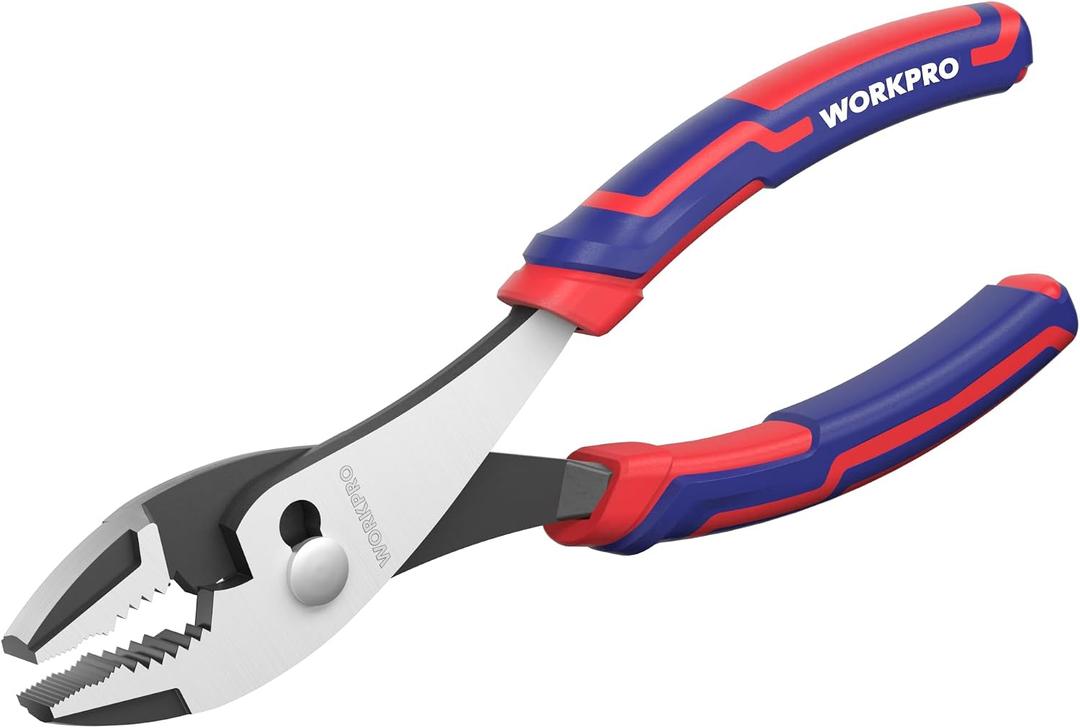 WORKPRO 8" Slip Joint Pliers Tool, Large Soft Grip,Rust Prevention Finish, 3-Zone Serrated Jaw Forged from High Carbon Steel for Maximum Grip