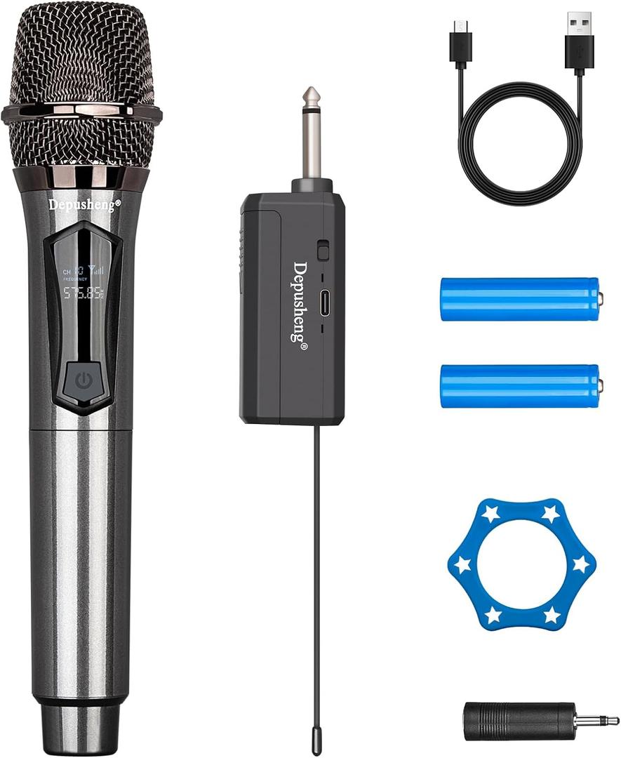 Depusheng Wireless Microphone,Rechargeable Wireless Dual Mic,Dual Handheld Dynamic Mic for Karaoke Singing, Wedding, DJ, Party, Speech, Church, Class Use,PA System,200ft,Gray (One Microphone)