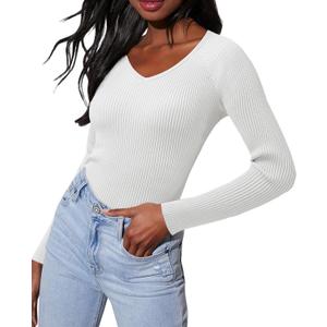 Women's 2024 V Neck Sweaters Fashion Fitted Long Sleeve Ribbed Knitted Pullover Trendy Business Work Tops, Large