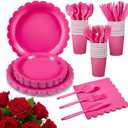 175 Pcs Hot Pink Paper Plates and Napkins, 25 Guest Hot Pink Valentines Supplies Include Scalloped Valentines Day Plates Napkins Cups Plastic Cutlery Set for Birthday, Bridal Shower