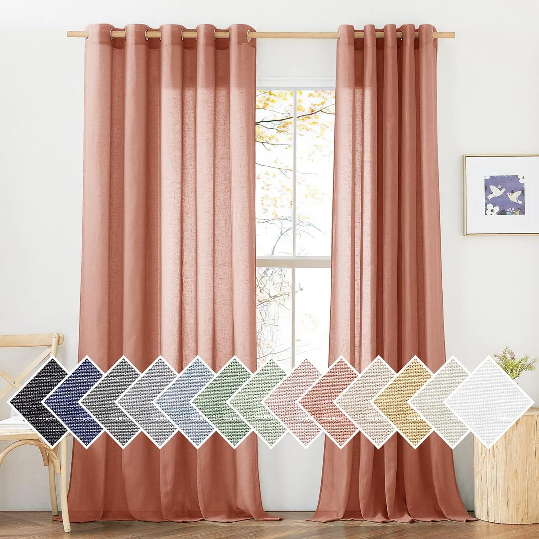 NICETOWN Semi Sheer Linen Patio Curtains for Sliding Door, Grommet Top Rustic Linen Burlap Curtains Privacy with Light Through Drapes for Bedroom/Home Office, Burnt Orange, W70 x L84, 1 Pair