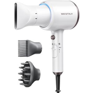 Wavytalk Hair Dryer, Blown Away Ionic Hair Dryer for Curly Hair with Diffuser, 1875W Fast Drying Blow Dryer with Ceramic Technology, 3 Attachments for All Hair Types, Light and Quiet, White
