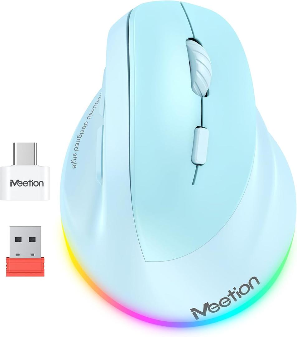 MEETION Ergonomic Mouse, Wireless Vertical Mouse RGB Backlit Rechargeable Mice for Bluetooth(5.2 + 3.0) & USB-A with Type-c Adapter 4 Adjustable DPI Mac/Windows/Andriod/PC/Tablet/iPad Blue