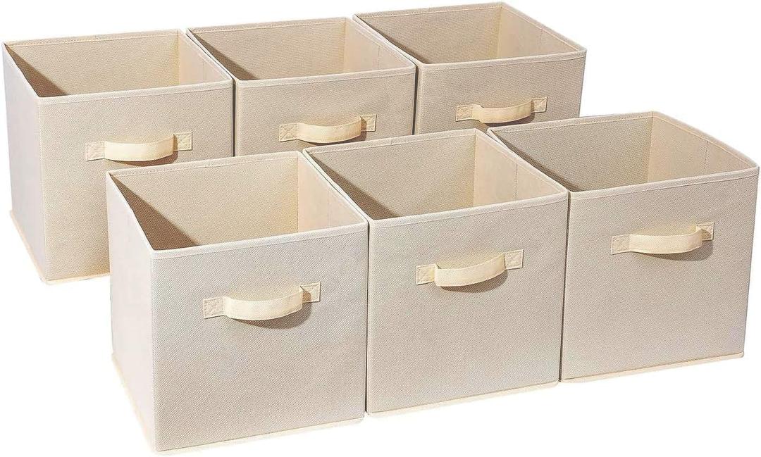 Basics Fabric Clothing Storage Bins - 10.6" x 10.6" x 11" - Collapsible Storage Cubes Organizer with Handles, Linen Foldable Storage Baskets Cloth Box Containers, Closet Organizers 6PC Beige
