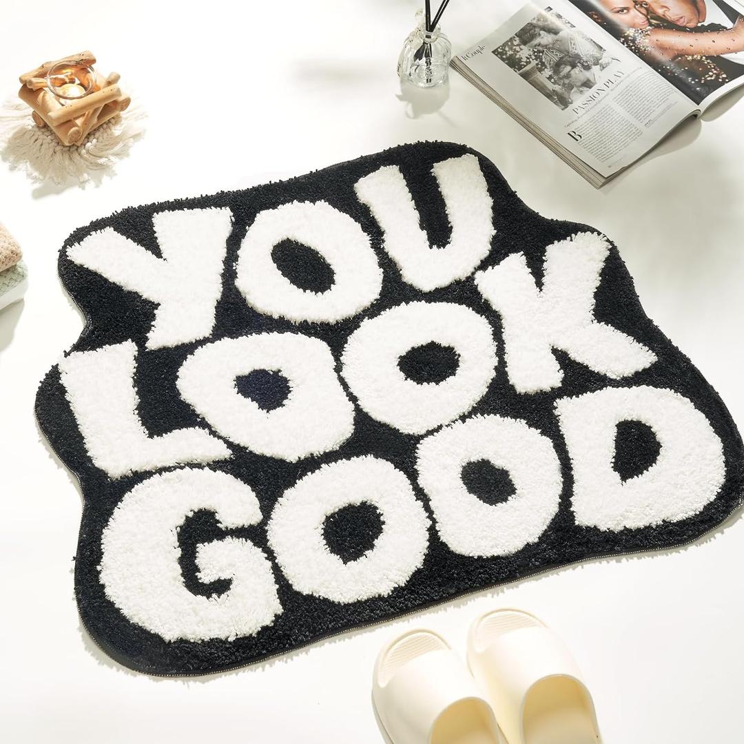 " " You Look Good Bath Mat Cute Cool Bathroom Rugs Funny Bathroom Mats Fun Funky Decor Non Slip Bath Rug, Trendy Black and White Bath Shower Mat (2' x 2'7" (Irregular))