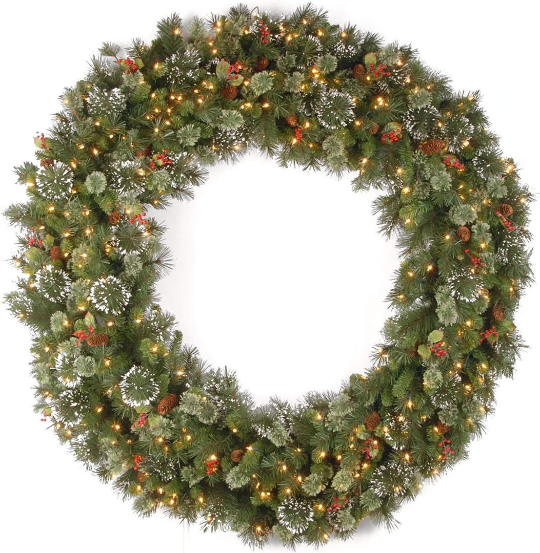 National Tree Company 60 in Pre-Lit Flocked Wintry Pine Artificial Christmas Wreath, Christmas Decoration with Pinecones, Red Berries, 300 Clear Lights, 654 Tips, Green