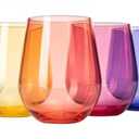 European Style Plastic Crystal Unbreakable Stemless Wine Glasses | Set of Only 7 Acrylic Glasses Tritan Bright Color Shatterproof BPA-free, Outdoor, Pool, Indoor, Hand Wash 15oz Gift, Everyday & Holiday