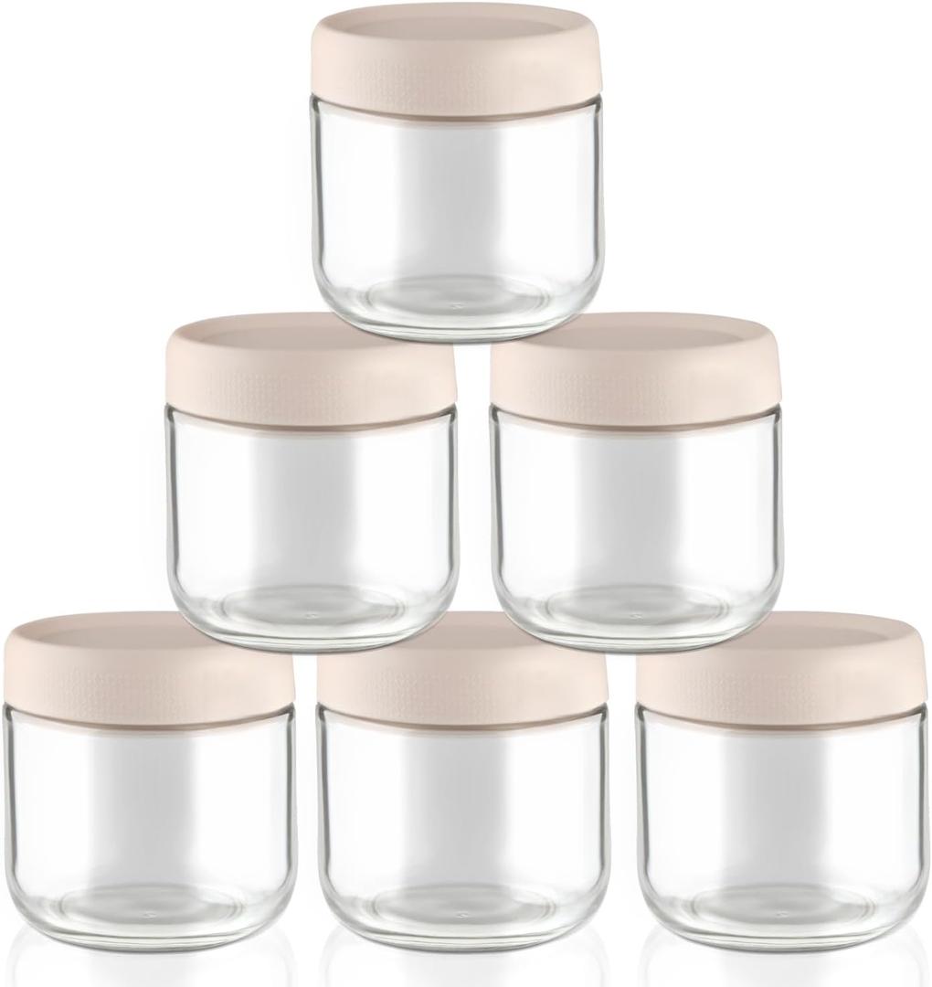 6 Pcs 300ml/10oz Glass Jars Wide Mouth Glass Food Storage Containers Overnight Oats Containers with Lids for Snacks Yogurt Powder Liquid - Beige