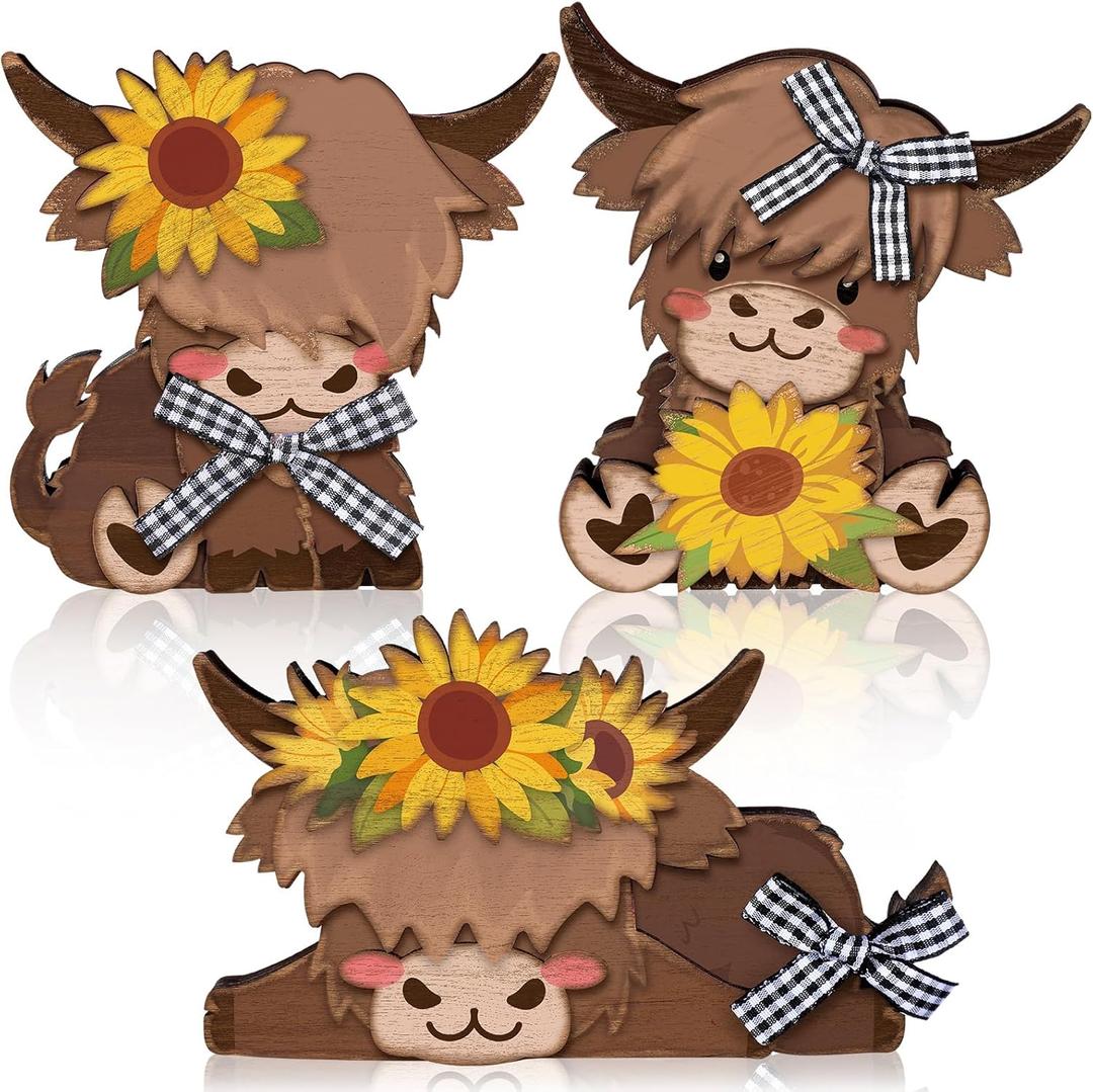 3 Pcs Sunflower Highland Cow Wooden Table Decorations Centerpiece Block Fall Highland Cow Tiered Tray Tabletop Sign for Office Dining Room Mantle Party Supplies Home