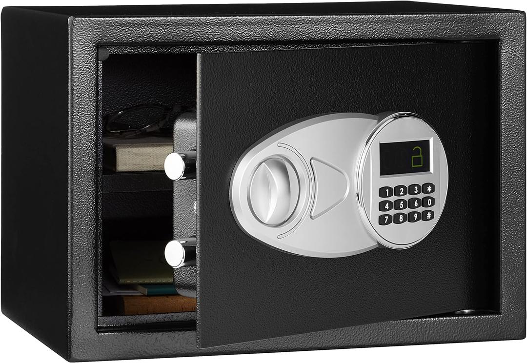 Amazon Basics Steel Security Safe and Lock Box with Electronic Keypad - Secure Cash, Jewelry, ID Documents, 0.5 Cubic Feet, Black, 13.8" W x 9.8" D x 9.8" H