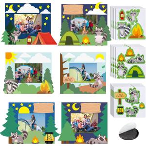 24 Sets Camp Picture Frame Magnetic Craft Camping Craft Kits DIY Raccoon Stickers Photo Gifts Bulk for Camping Party Favors Home Decoration