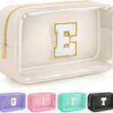 Initial Clear Makeup Bag, Birthday Gift Preppy Chenille Patch Cosmetic Bag, Initial Travel Essentials Beach Toiletry Pouch, Ideal Gift for Teachers & Moms, Women and Girls (Beige, E)