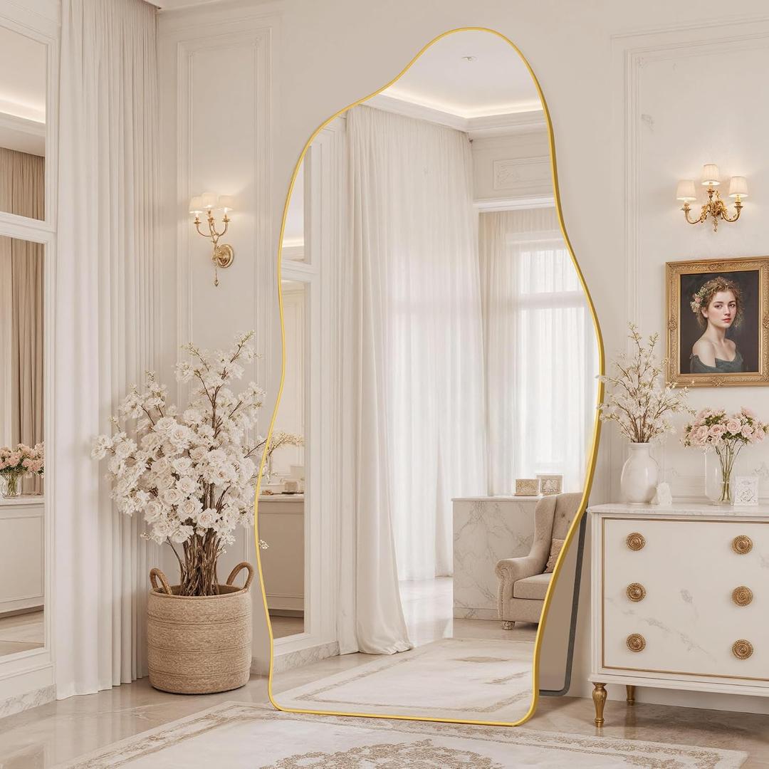 Antok Irregular Full Length Mirror, 81"x41" Asymmetrical Floor Mirror with Stand, Standing Hanging Leaning Irregular Mirrors for Bedroom Living Room Entryway, Cloud Shaped, Golden