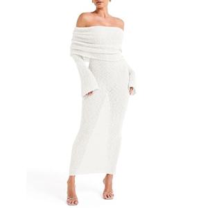 Saodimallsu Womens Off Shoulder Summer Maxi Dress Bell Long Sleeve Sexy Bodycon Strapless Sheer Beach Swimsuit Coverup White, L