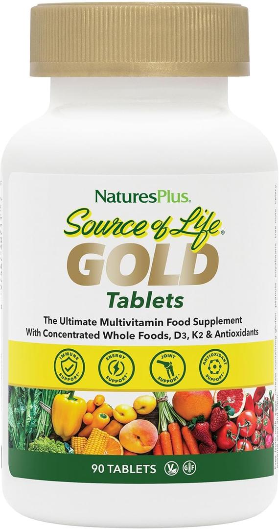 NaturesPlus Source of Life GOLD Multivitamin - 90 Tablets - With Vitamins D3, B12 & K2 - Blood, Bone & Immune Support - Vegetarian & Gluten Free - 30 Servings Best By: 03/2029