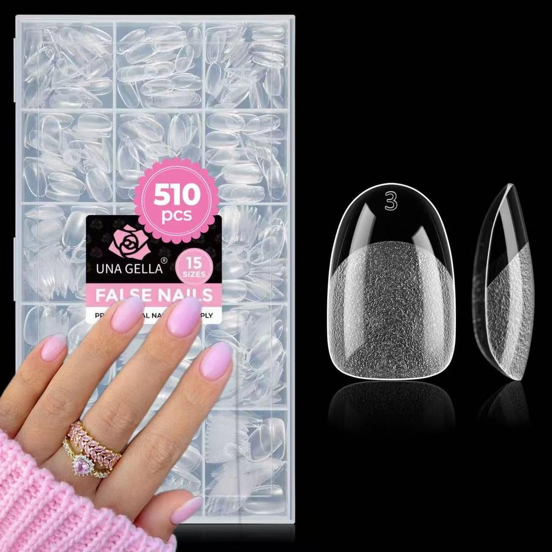 UNA GELLA Short Oval Nail Tips, 510Pcs 15 Sizes Pre-Buffed Full Cover False Nails, No File Needed Inner Matte Soft Gel Nail Tips, Clear PMMA Soak Off Acrylic Nail Extensions for DIY Home Salon