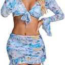 BEAUDRM Women's 4 Piece Allover Print Bikini Halter Neck Triangle Set High Cut Bikini Swimsuit Bathing Suit, Large