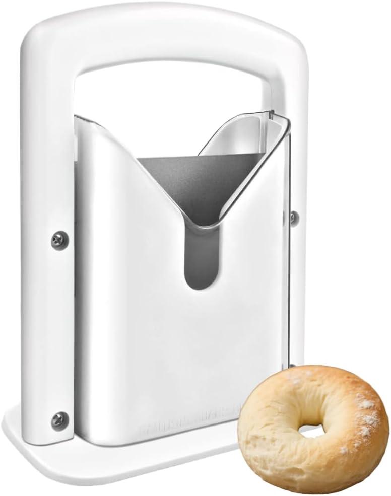Bagel Slicer & Cutter for Large Bagels - Stainless Steel Universal Slicer with Safety Shield & Grip | Perfect for Homemade Bagel Making (White)