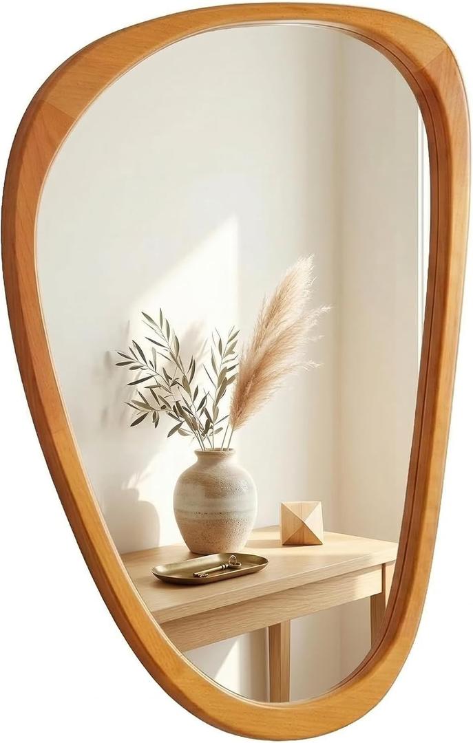 Solid Wood 30"x20" Irregular Asymmetrical Mirror, Japandi Boho Organic Shaped Decorative Accent Mirror, Small Natural Honey Walnut Wooden Wall-Mounted Mirror, Warm Walnut