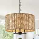 HLMRCHEN 5 Lights Boho Rattan Chandelier with Drum Woven Shade