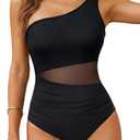 Yonique Women One Piece One Shoulder Swimsuit Mesh Bathing Suit Tummy Control Swimwear (Medium, Solid Black)