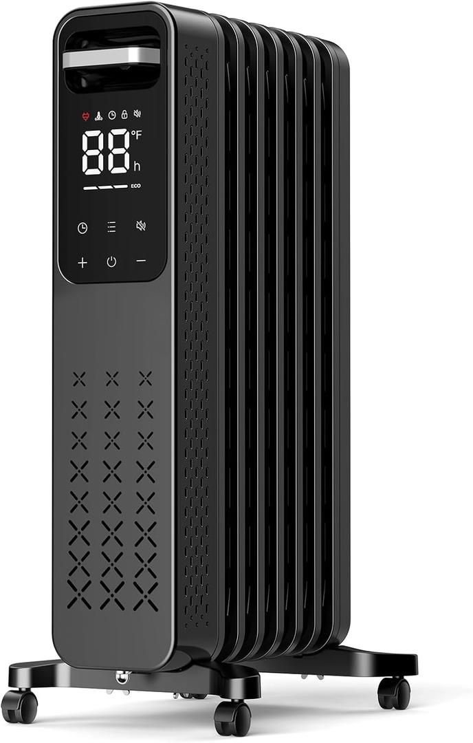 ZAFRO Oil Filled Radiator Heater, 1500W Energy Saving Space Heater with Curved Fin Design, Smart Touch Screen, ECO Mode & 24H On/Off Timer, Tip-Over & Overheat Protection for Bedroom Office Use, Black