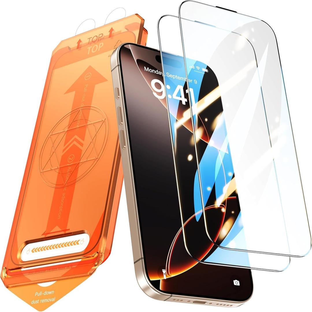 2 x Compatible with iPhone 15 Screen Protector [6.1 inch] - Easy Installation with Auto Dust Removal, [9H Hardness] [Military-Grade Shatter Resistance] Tempered Glass, Crystal Clear HD Display