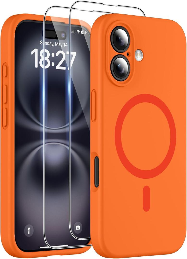 Magnetic for iPhone 16 Case, Compatible with MagSafe, Two 9H Screen Protectors, Full Camera Protection, Military-Grade Protection Silicone Phone Cover for 16 6.1", Orange