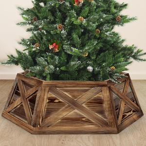 Wooden Christmas Tree Collar, 36'' Extra Large Hexagon Brown Christmas Tree Base Cover Decor for Artificial Tree,Rustic Farmhouse Tree Skirt Alternative for 7.5ft 9ft Trees