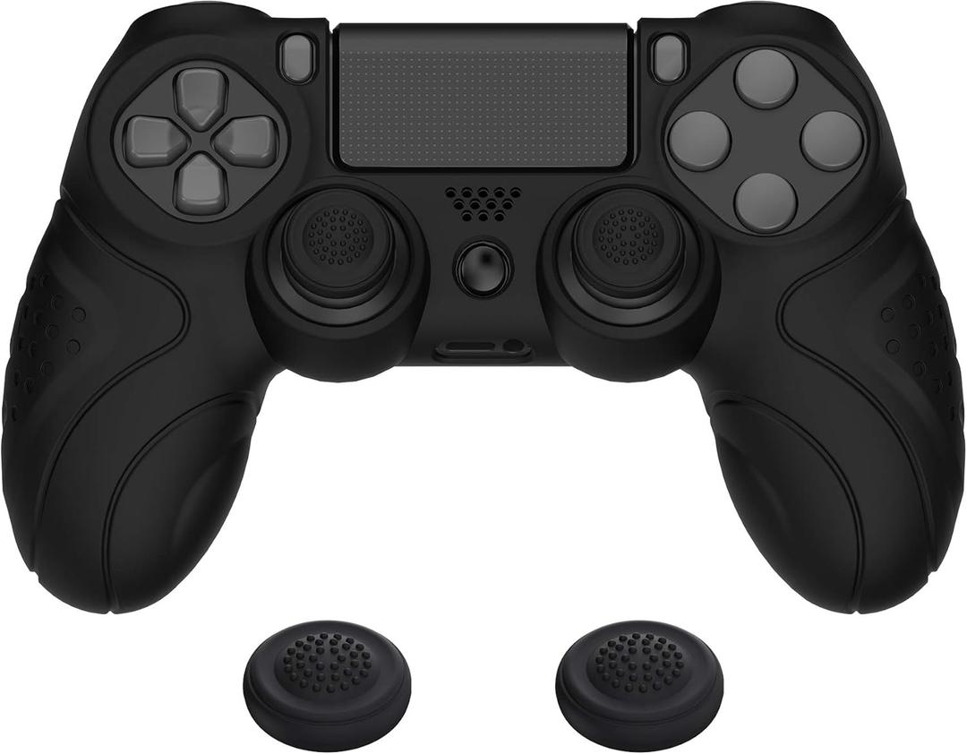 PlayVital Guardian Edition Black Ergonomic Soft Anti-Slip Controller Silicone Case Cover for ps4, Rubber Protector Skin with Joystick Caps for ps4 Slim/Pro Controller