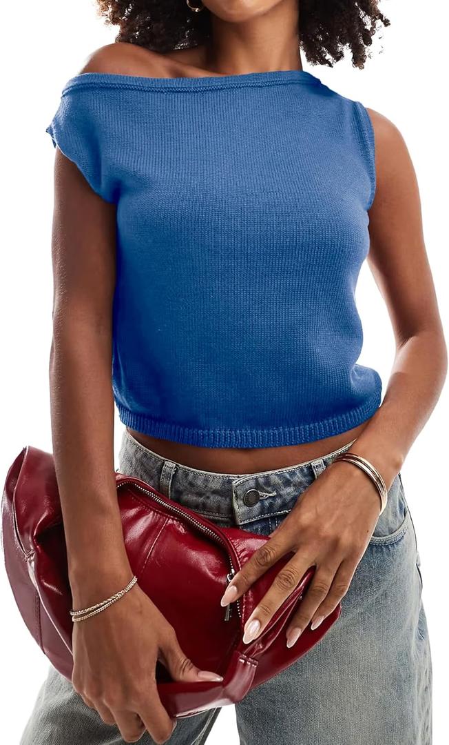 Women's Summer Fall Off The Shoulder Cropped Sweater Tops 2025 Casual Trendy Sleeveless Y2k Knit Tank Pullover (Blue, L)
