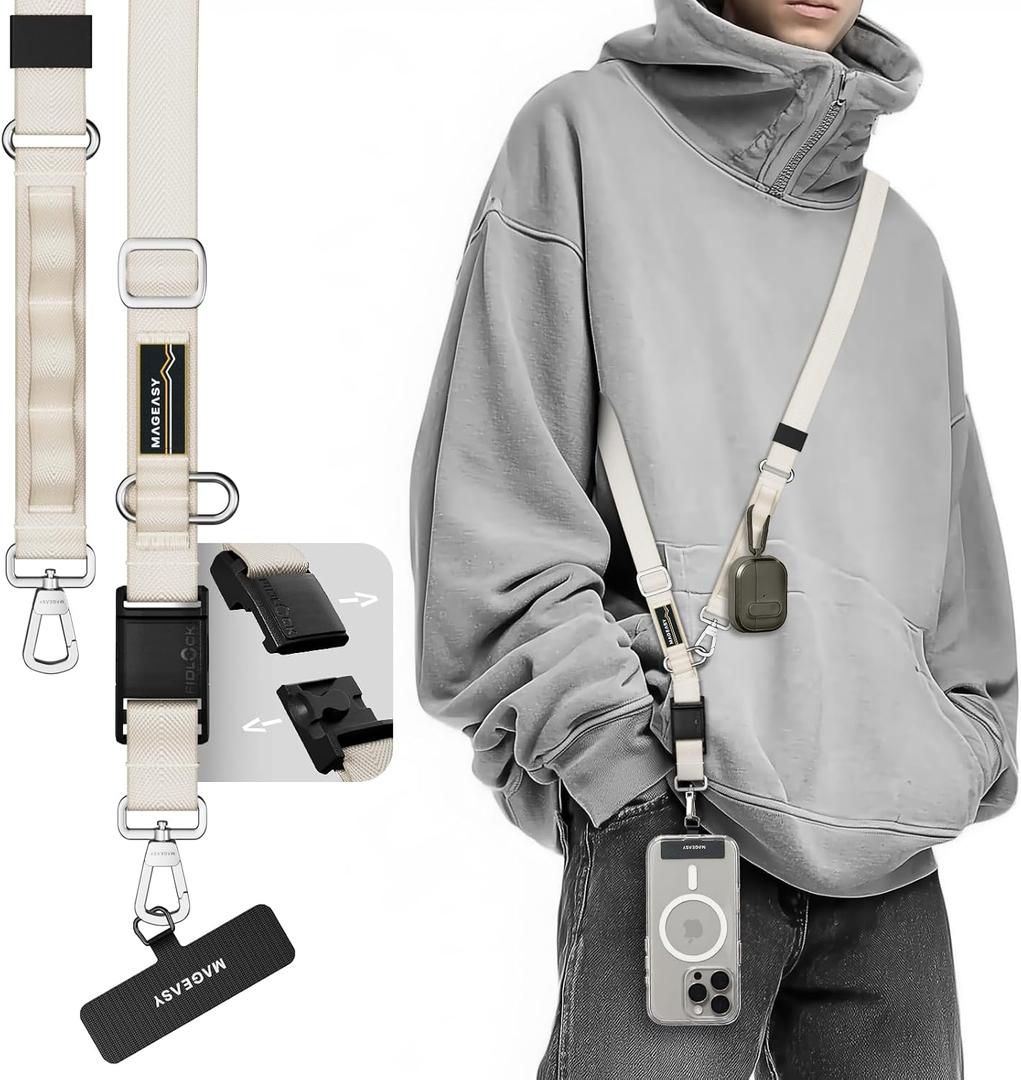 MAGEASY 20mm FidLock Dual Crossbody Utility Strap- Adjustable Crossbody Phone Lanyard with Magnetic Quick Release Buckle, Universal Durable Strap for iPhone 16 Pro Max & Most Smartphones - Starlight