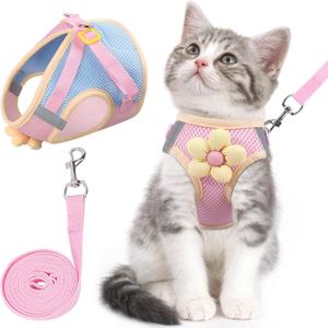 Cat Harness and Leash Set for Walking Escape Proof, Adjustable Kitten Harness Breathable Mesh with Reflective Strips Harness with Flower for Kitty Puppy Bunny Pink Large