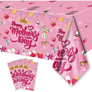 4PCS Mothers Day Tablecloth Disposable - 108" 54", Happy Mothers Day Table Cloth Best Mom Ever Flower Heart Tablecover Plastic Rectangle Table Cover for Dinner Party Decor